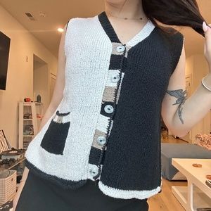 90s VINTAGE Black & White Colorblock Chunky Cotton Knit Button Up Sweater Vest